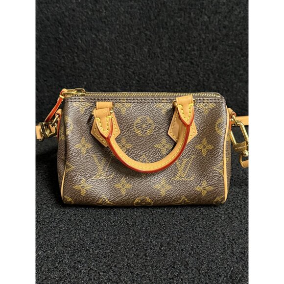 Louis Vuitton Monogram Mini Handbag Brown Leather Canvas Gold Hardware - Picture 1 of 16